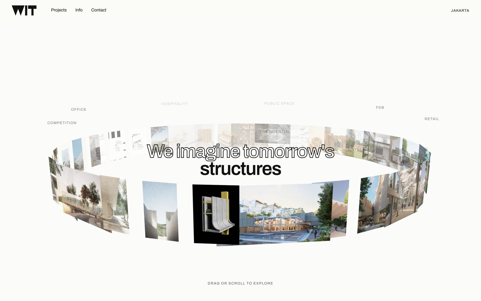 Halaman depan website WIT Architects dengan cincin proyek 3D